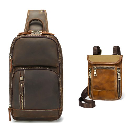 LANNSYNE Leather Sling Bag For Men Crossbody Chest Daypack fits 10.5" iPad,Leather Travel Wallet Neck Wallet Travel Pouch for Men and Women Keep Valuables Safe
