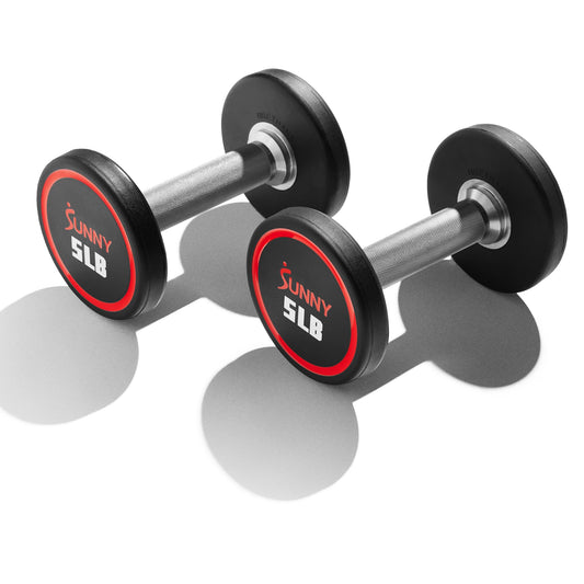 Sunny Health & Fitness Premium Polyurethane Commercial Grade Round Dumbbells with Diamond Knurled Handle, Durable Strength Training Equipment for Home Gym, 5-Pound (Pair) - SF-DB02-5