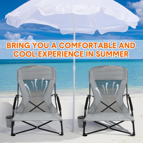 Menkxi 6 Pack Low Beach Chairs for Adult Portable Travel Compact High Back Sling Folding Beach Chair with Cup Holder Carry Bag for Lawn Sand Concerts Outdoor Camping BBQ Picnic Festival(Dark Grey)
