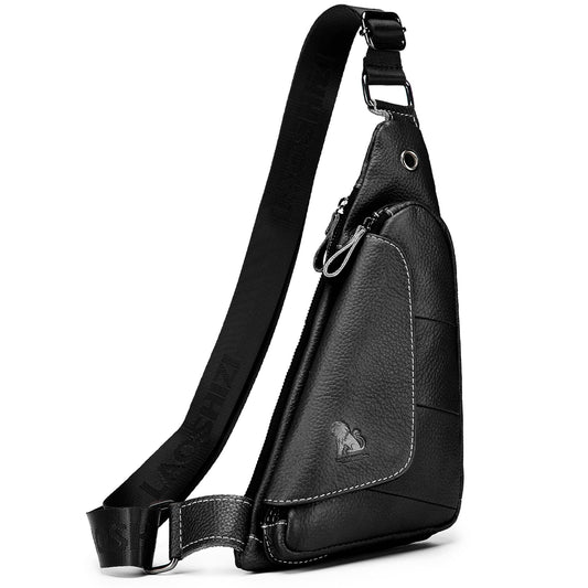 pundarika Genuine Leather sling bag for men women casual crossbody backpack small shoulder bag chest bag-Black