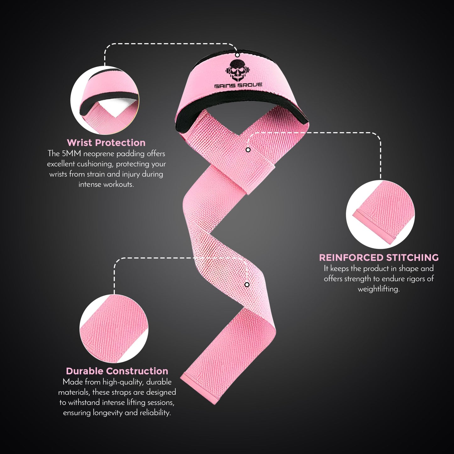 GainsGrove Lifting Wrist strap gym Wrist Support Wraps - Essential Gym Accessories for Powerlifting, Bodybuilding, and Strength Training (Black)