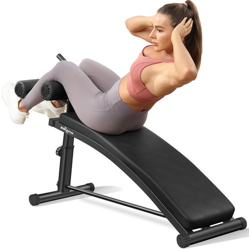 BODY RHYTHM Sit Up Bench with 3 Adjustable Heights and Reverse Crunch Handle, Curved Ab Workout Bench for Home Gym, Adjustable Weight Bench for Core Workouts and Decline Bench Press, Suitable for Individuals Up to 5.9ft Tall. (Black)