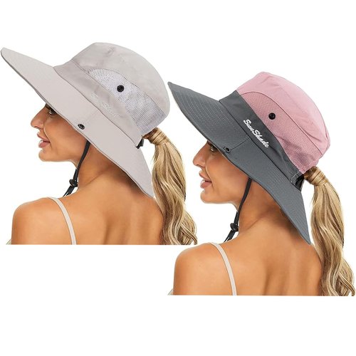 Women's Summer Sun-Hat Ponytail - Outdoor UV-Protection Mesh Wide Brim Foldable Hat with Ponytail Hole