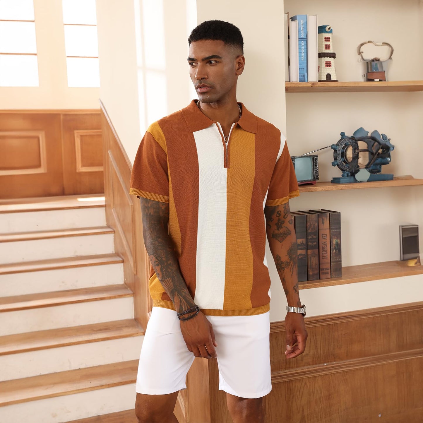 Men's Fashion Polo Shirts Vintage Striped Knitting Shirts Casual Slim Fit Golf Shirts Caramel
