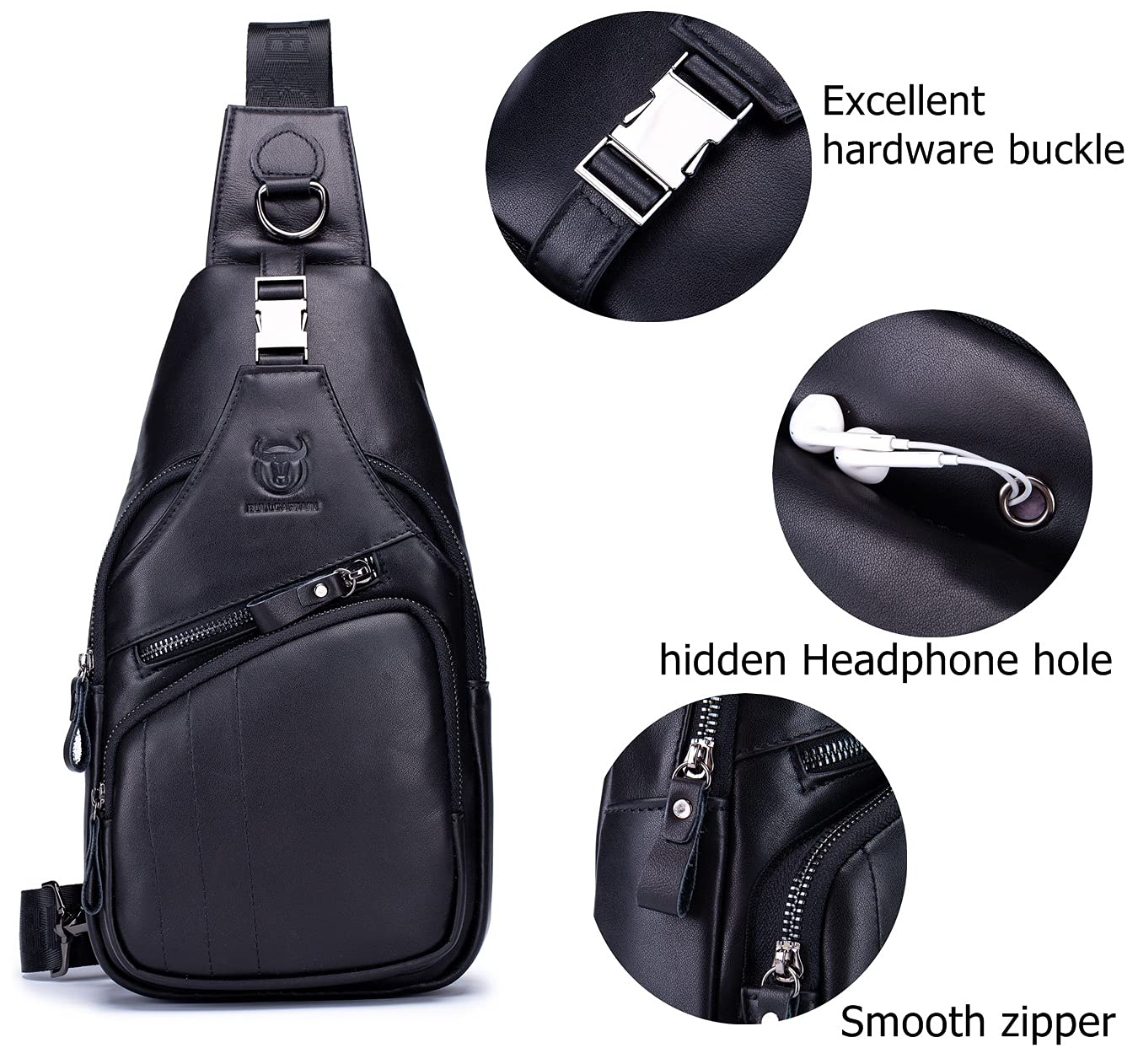 BULLCAPTAIN Men Sling Chest Bag Genuine Leather Casual Multipurpose Crossbody Shoulder Backpack Travel Hiking Daypack (Black)