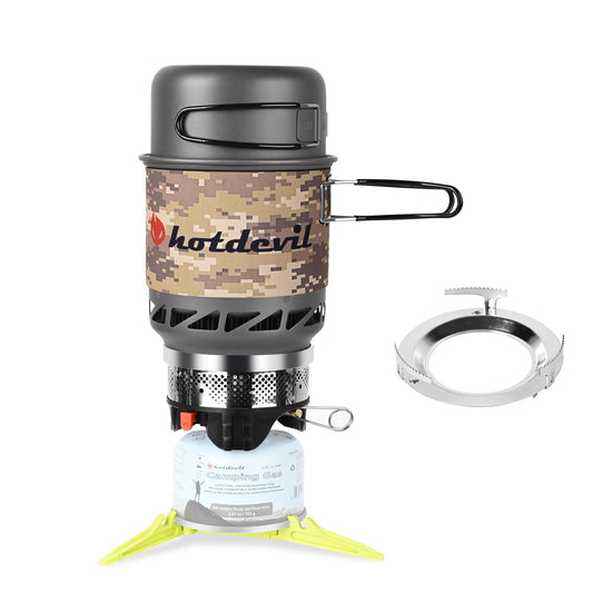 0.75+0.25L Backpacking Camping Stove Cooking System with Piezo Ignition, Outdoor Portable Burner with Pot & Metal Holder Camping Stove Kit Propane, Ideal for Hiking Fishing Hunting Emergency