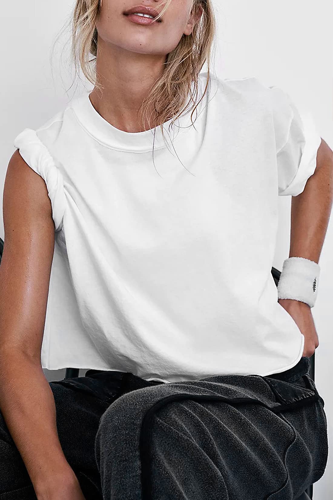Teens' Loose Fit Crop Tops Boxy Half Sleeve Drop Shoulder T-Shirts Relexed Basic Workout Gym Tees White S
