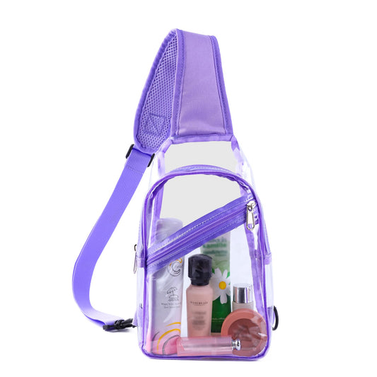Dotpraise Clear Sling Bag, Stadium Approved, Small Clear Chest Backpack with Front Pocket, Crossbody Chest Bag for Men Women, Purple