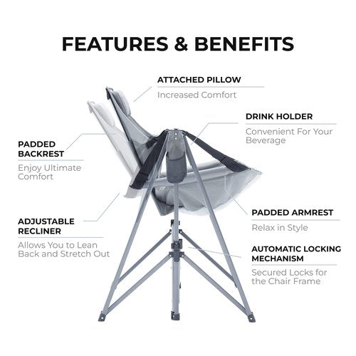 Camphor Designs Portable Swing Hammock Chair | Foldable Recliner Rocking Lounger with Headrest & Drink Holder | Outdoor Sports, Beach, Lawn, Hunting, Tailgating, Fishing | Supports 300Lbs (Grey)