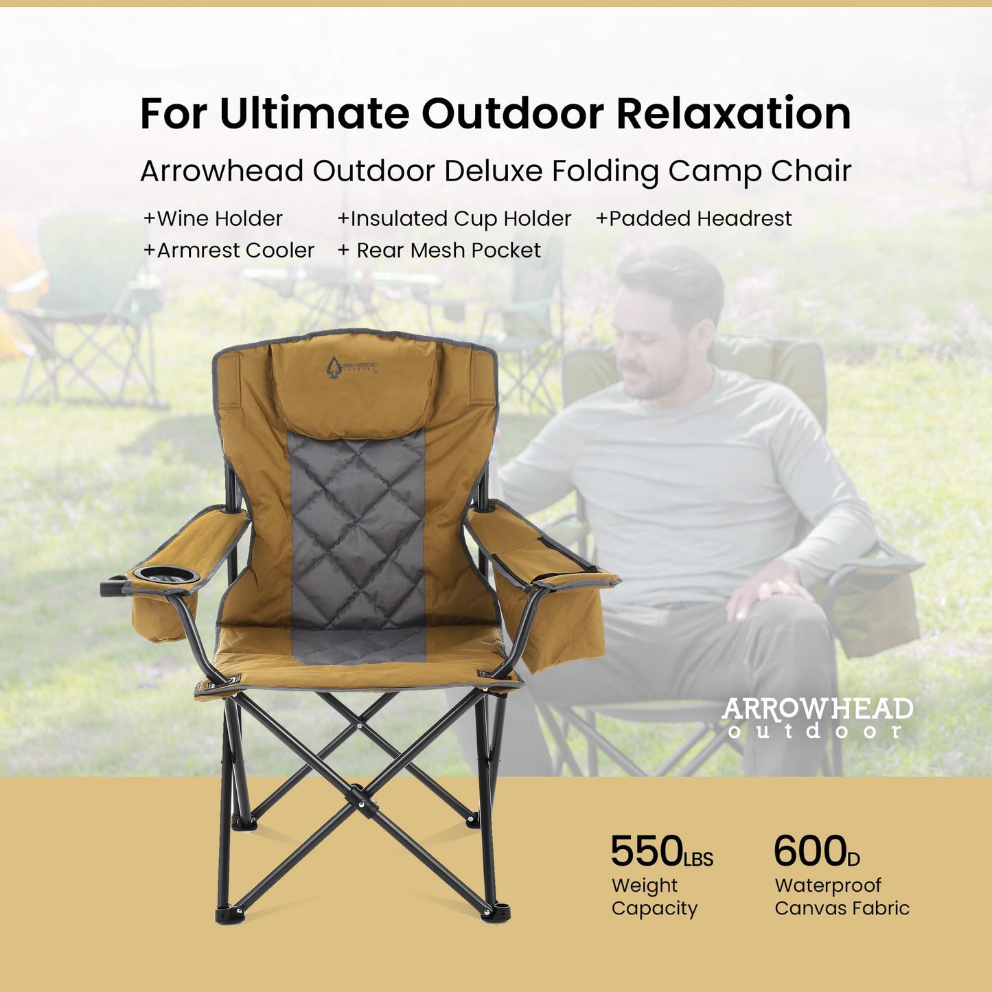 ARROWHEAD OUTDOOR Portable Deluxe Folding Camp Quad Chair w/Headrest, Glass & Cup Holders, Armest 6-can Cooler, Heavy Duty Carry Bag, 550 lbs Weight Capacity