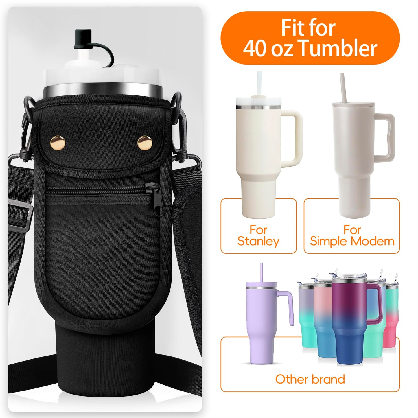 AceTreker 40/30 oz Stanley Cup Sleeve Bag with Paracord Handle, Neoprene Stainless Steel Travel Tumbler Holder with 2 Pockets, Metal Coffee Mug Sling with Straw Cover for Walking Driving Gym-Black