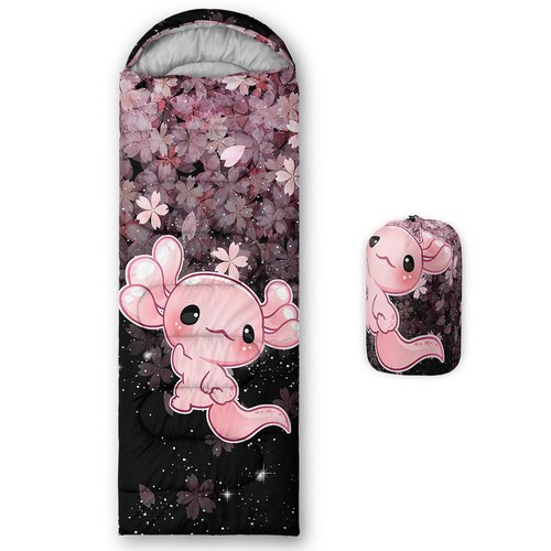 QOOMO Axolotl Cherry Blossom Printed Camping Sleeping Bags,3 Season Warm & Cool Weather,Lightweight,Waterproof Sleeping Bags for Adults & Kids,Traveling,and Outdoors,Camping Gear Equipment,31x90inch