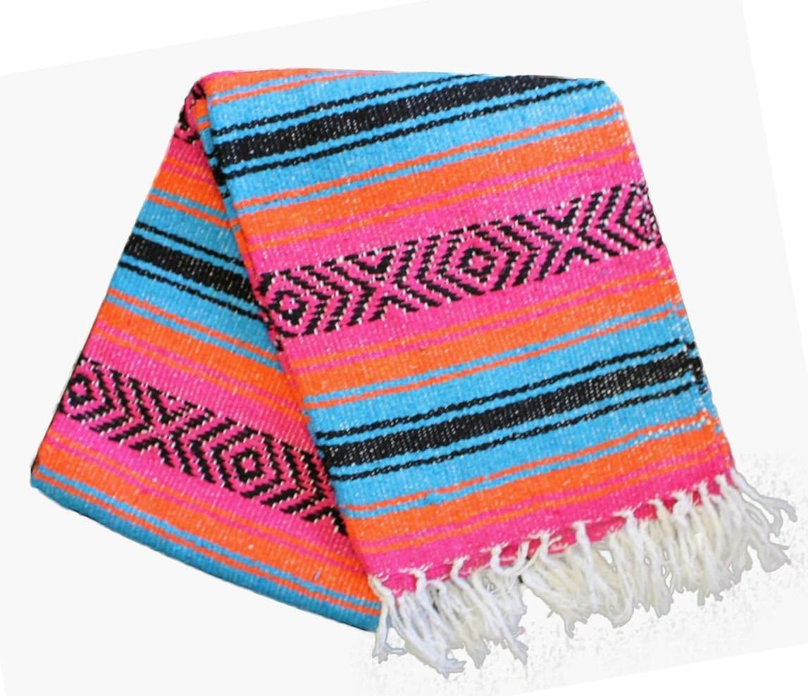 Authentic Del Mex Large Mexican Blanket - Woven Falsa Throw (70"x50") for Beach, Yoga & Outdoor Decor - Pink/Tan