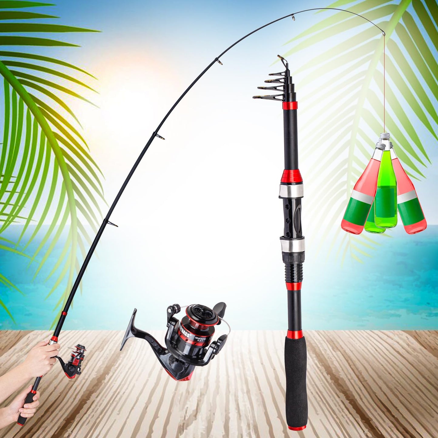 I00000 Black and Red Fishing Rod and Reel Combos with Fiberglass Telescopic Fishing Pole - Spinning Reel Fishing Carrier Bag, Freshwater and Saltwater Fishing Rod Kit,Travel Fishing Kit for Bass Trout