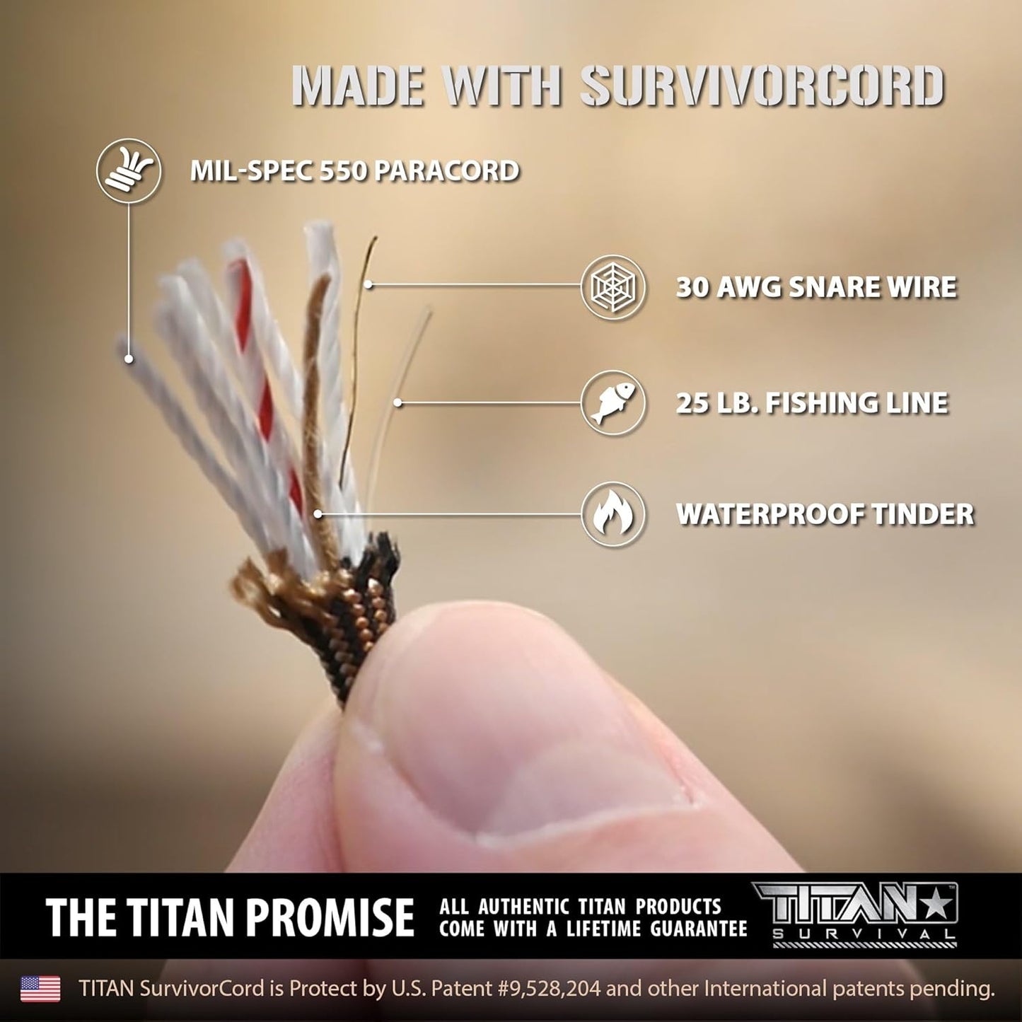 Titan Paracord Survival Bracelet | BLACK | LARGE (Fits 8" - 9" Wrist) | Made with Authentic Patented SurvivorCord (550 paracord, fishing line, snare wire, and waxed jute for fires)