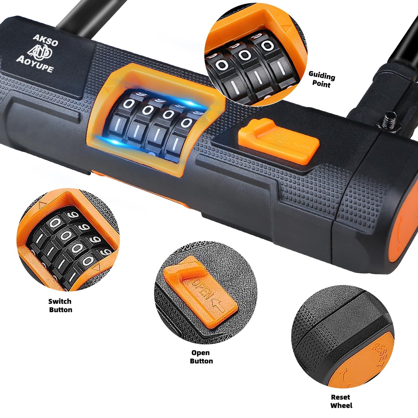 Akso Aoyupe Black Silicone 4-Digit Resettable Combination Heavy Duty Anti-Theft Locks,Keyless Lock for Outdoor,U-Lock with Sturdy Mounting Bracket，for Motorcycle, Ebikes（1 Set）