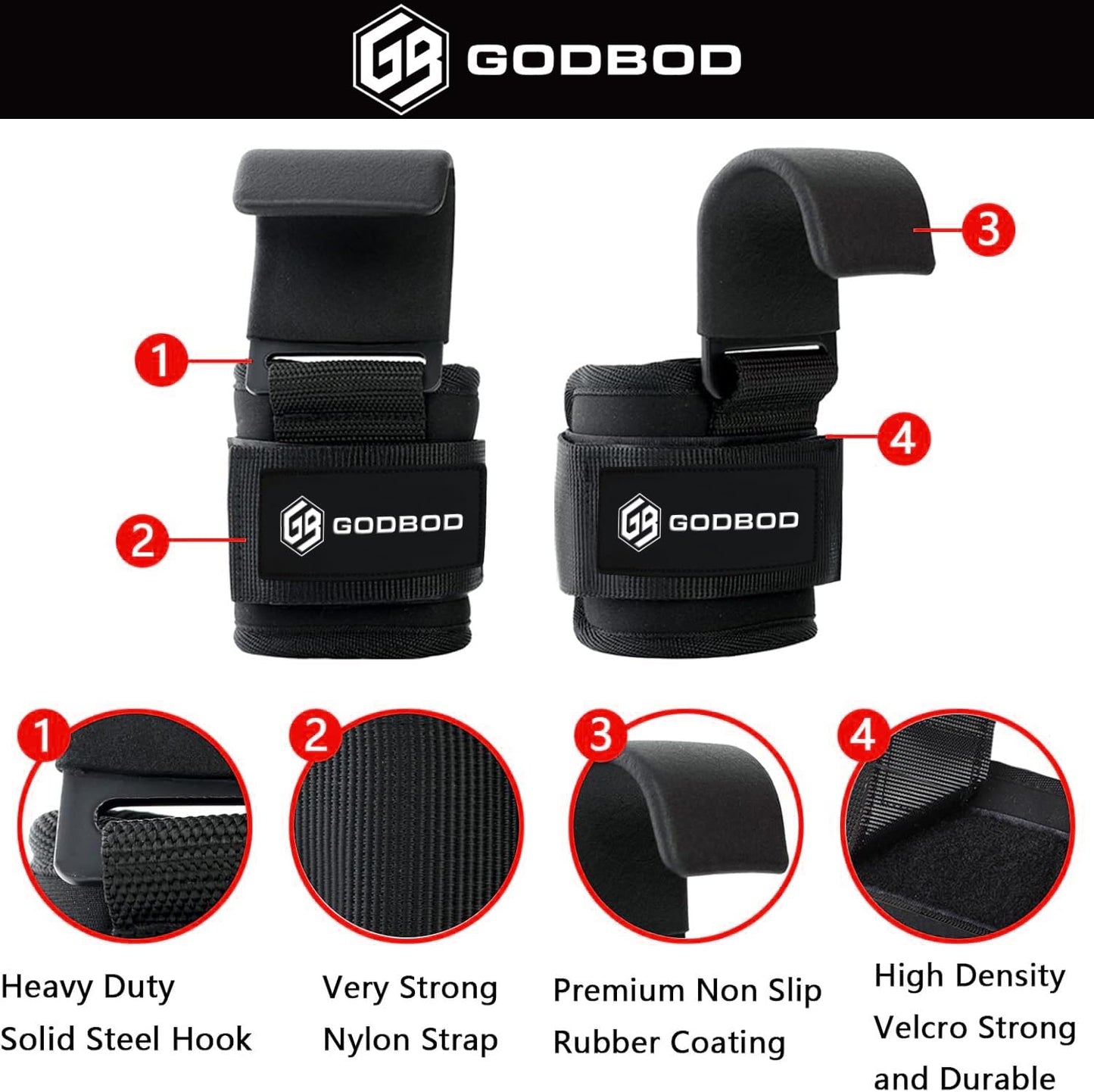 GODBOD Weight Lifting Hooks for Men and Women – Heavy-Duty Wrist Support with Non-Slip Steel Hooks, Adjustable Straps for Deadlifts, Pull-Ups, Rows, and Strength Training – Ideal Gym Accessory for Powerlifting and Bodybuilding