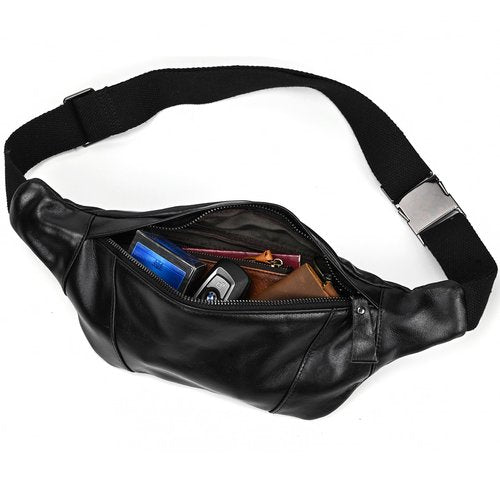 LUUFAN Men's Leather Waist Bag Multiple Pockets Slim Fanny Pack Adjustable Belt bag for Outdoor Running Hiking and Travel (Black)