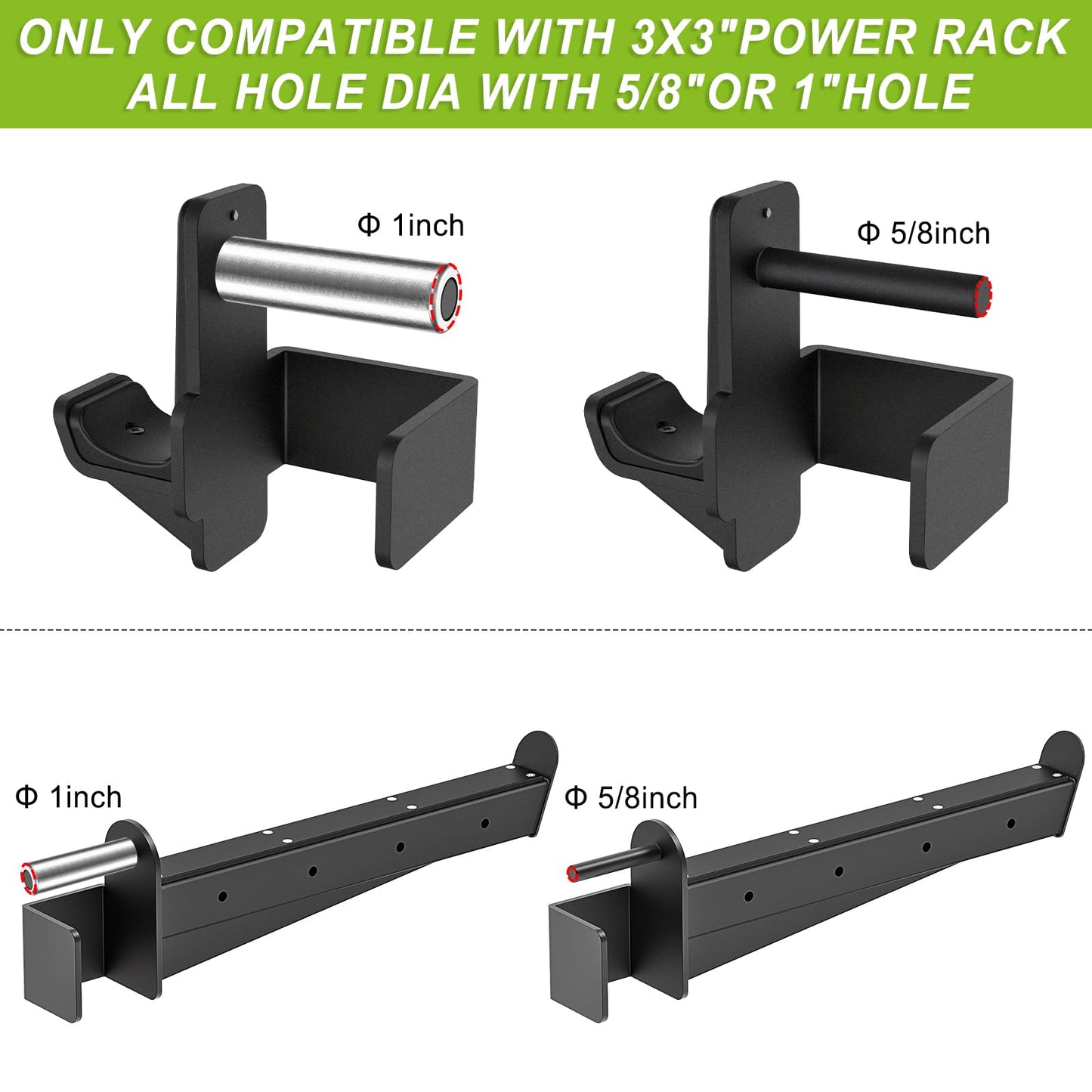 Kipika J-Hooks and Safety Spotter Arms for 3" x 3" Power Racks with 5/8" or 1" Hole - Heavy Duty Barbell Holders and Catches with Rubber Pads - Power Rack Attachments for Squat, Bench Press and More