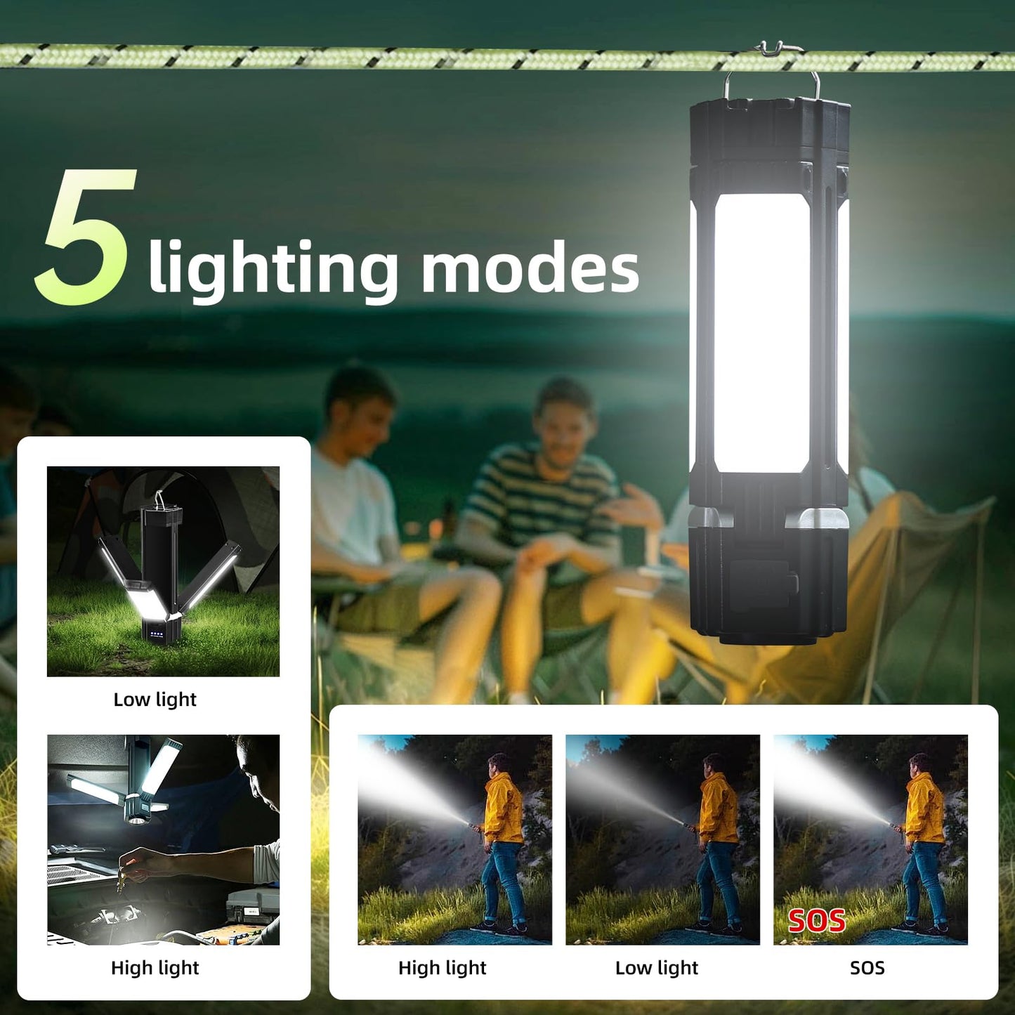 Foldable Camping Lights Rechargeable, 3000mAh PowerBank, 1500 LM Portable Flashlight, 5 Modes LED Tent Lights for Camping,Essential Waterproof Camping Light for Hiking, Camping Essentials