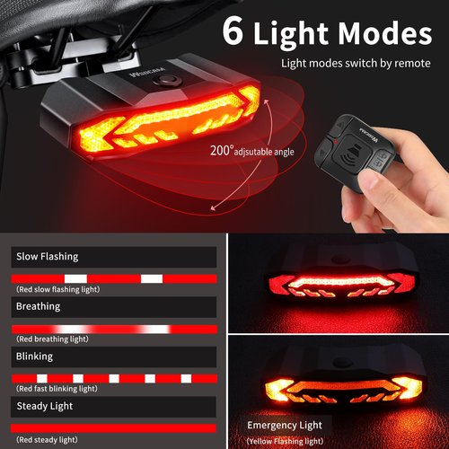 WSDCAM Smart Bike Seat Tail Light with Turn Signals and Brake Light, Bicycle Alarm Horn with Remote, Rechargeable Alarm, Auto ON/Off, IP65 Waterproof, High Intensity Rear Accessories Fits Any Bike