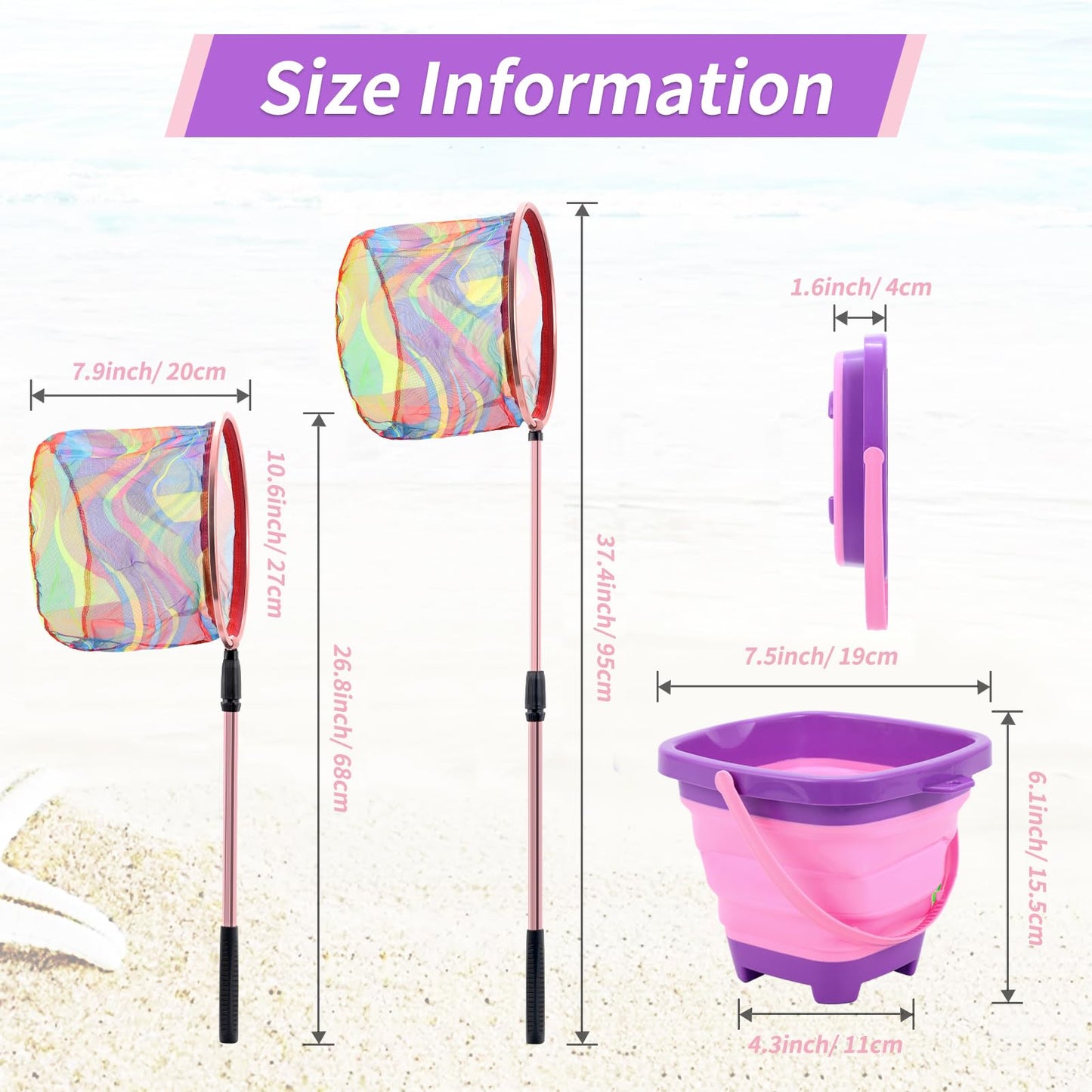 Kids Fishing Net, 2 Pack Telescopic Landing Nets with Aluminum Pole Handle, Collapsible Kids Bucket Sand Pail, Butterfly Net for Kids, Fishing Net for Kids Youth, Outdoor Playing (Pink and Blue)