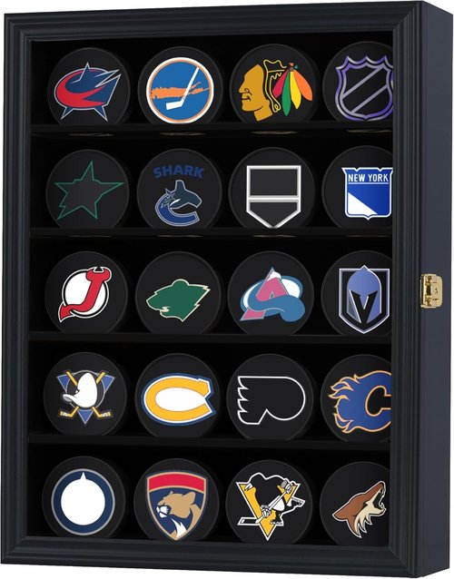 Hockey Puck Display Case Baseball Display Wall Cabinet Acrylic Door Pro 98% UV Protection Pucks not inlcuded, Great for Sport Memorabilia Display