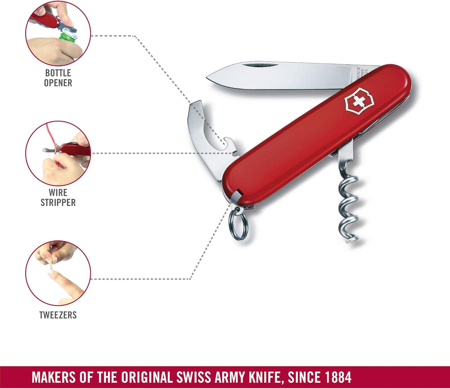 Victorinox Waiter Swiss Army Knife, 9 Function Swiss Made Pocket Knife with Large Blade, Corkscrew and Bottle Opener - Red
