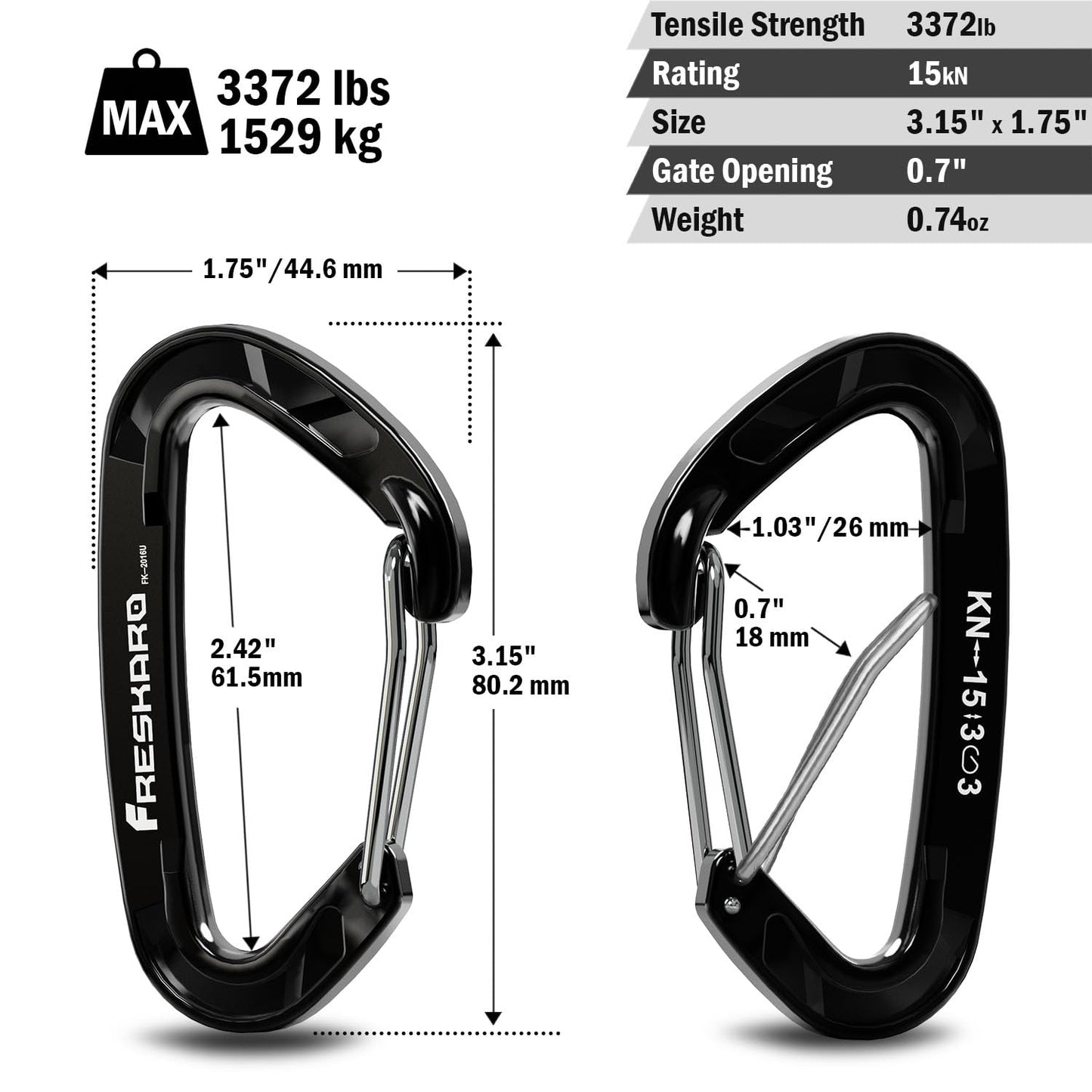 FresKaro Wiregate Carabiner Clip, 15kN Wire Gate Caribeener Heavy Duty, Caribeaner Spring Snap Hook, Strong, Lightweight, 5Pack for one of Each Color,Keychain, Key, Gym, Dog Collar, Outdoor Camping