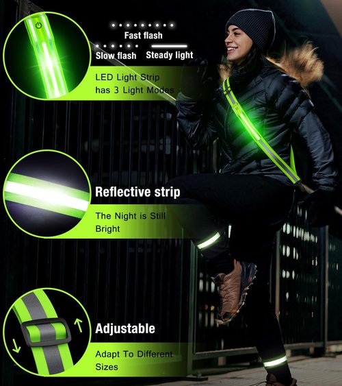 LED Reflective Running Gear High Visibility Reflective Belt Sash with Armband for Walking at Night,Adjustable Running Safety Gear Light Up Running Belt for Runners Walkers Men Women (Green)