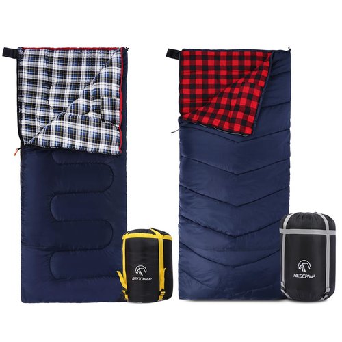 REDCAMP Outdoors Cotton Flannel Sleeping Bag for Camping Hiking Climbing Backpacking, Envelope Sleeping Bag with Compression Sack, Red Plaid 3lbs(79"x33"), Navy Blue 2lbs (75"x33")