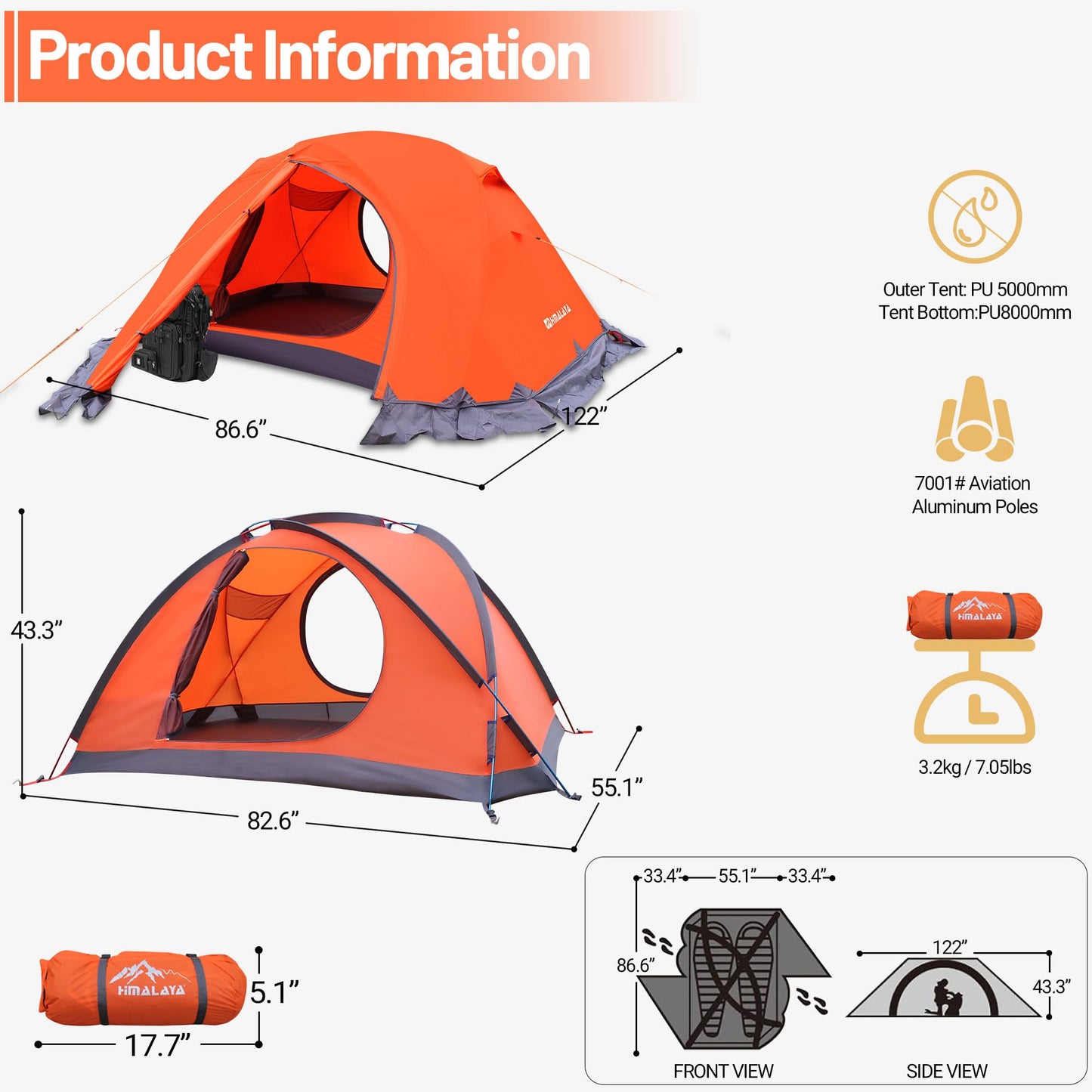 2 Person 4 Season Tent, Winter Camping Tent Ultralight Waterproof Camping Tent PU8000mm Easy Set Up for Winter, Cold Weather Outdoor Camping Hiking Family Mountaineering