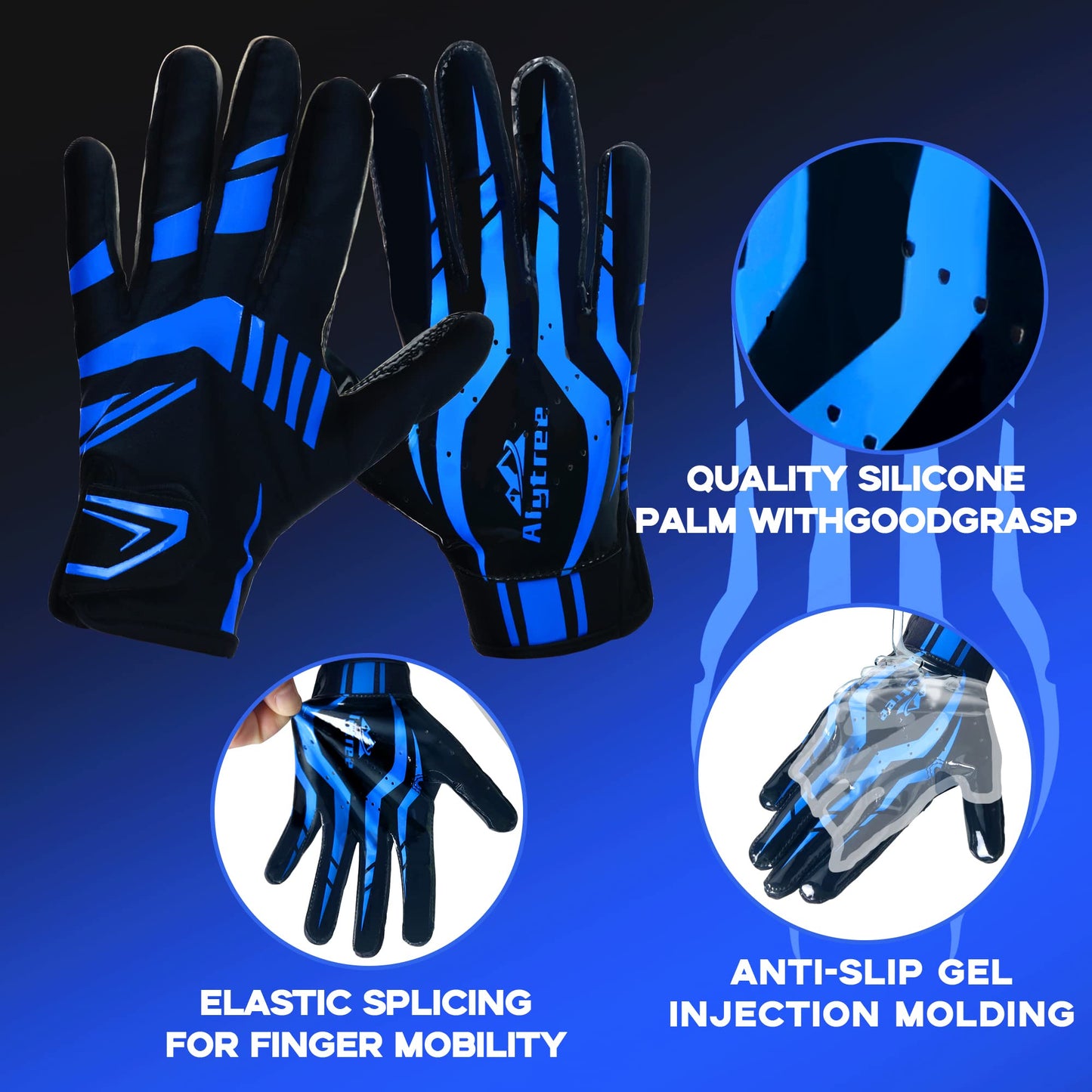 Alytree Football Gloves for Kids 8-12, No-Slip Youth Wide Receiver Glove, Enhanced Performance Silicone Gloves, Adjustable Super Sticky for Boys and Girls (Blue-Black-M/L)