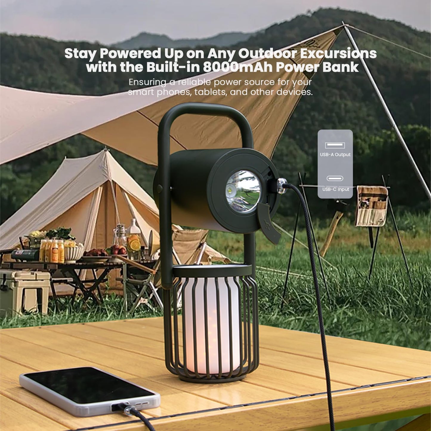 Vyvylabs Multifunctional Camping Lantern 4-in-1 - LED Rechargeable Lantern, Outdoor Bluetooth Speaker, 8000mAh Power Bank, 3 Light Modes - Black - IPX5 Waterproof