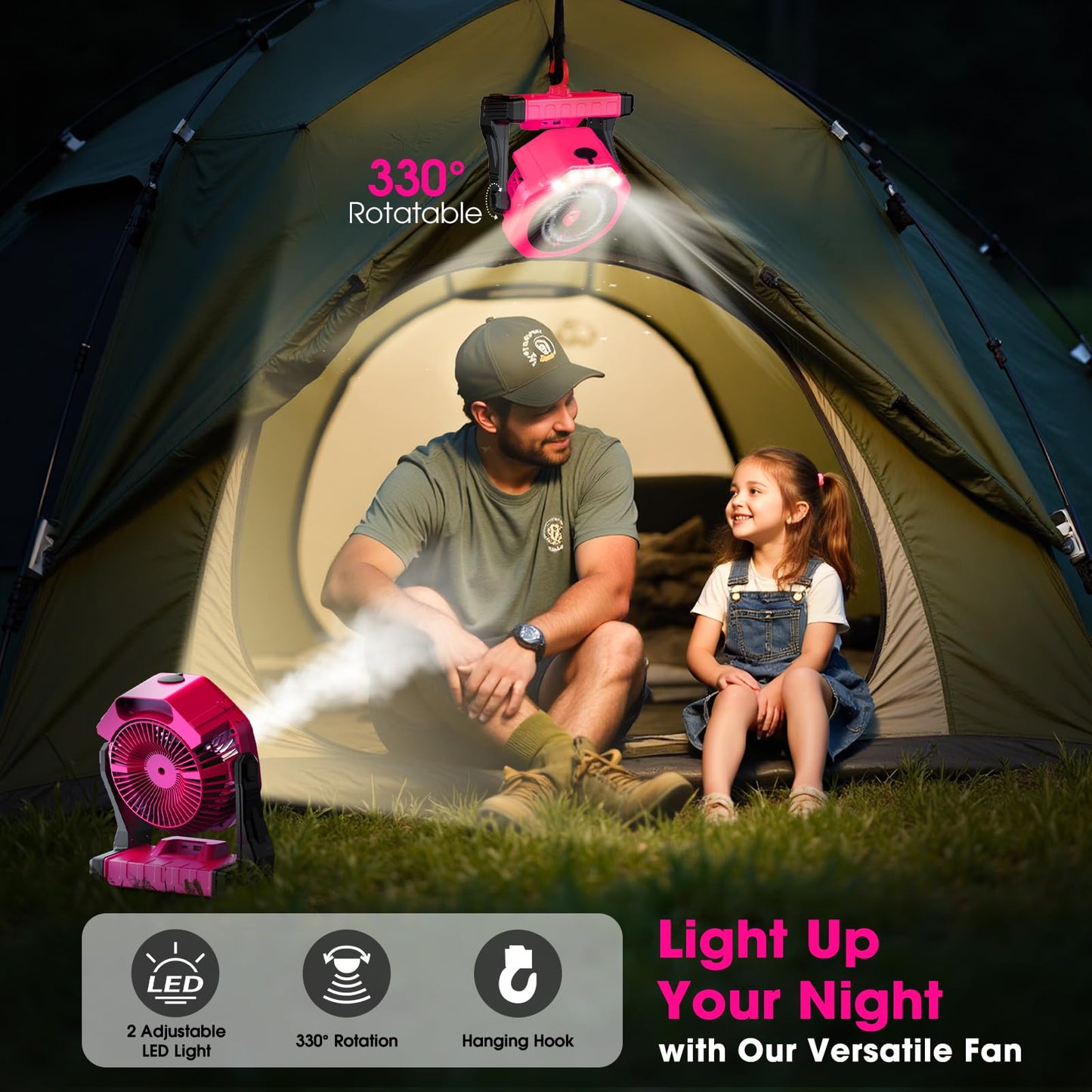 Ausic Portable Misting Fans, Pink Outdoor Cooling Fan for Patios, [Max 35H Runtime] 8 Inch Battery Operated Rechargeable Fans, Water Spray Fan with LED Light for Pets/Travel Beach Camping Essential
