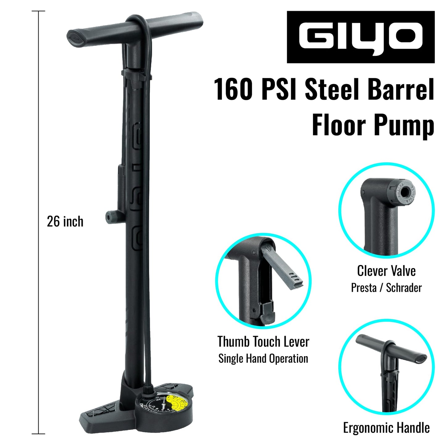 GIYO Bike Floor Pump - 3" Dual Scale Gauge - Road & MTB | One Handed Operation -Clever Valve for Presta & Schrader | Max 160PSI Steel Barrel (GF27)
