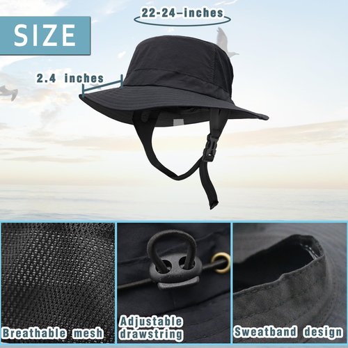 Seektop Surf Bucket Hat with UPF 50+ UV Protection, Waterproof Sun Hat with Adjustable Chin Strap for Surfing, Water Sports Black
