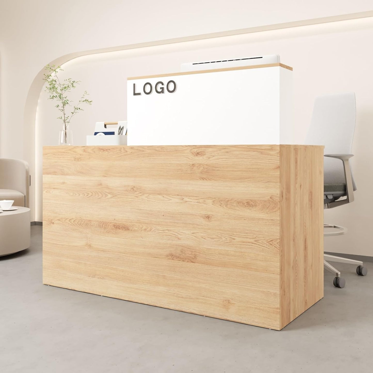 TUSY Modern Reception Desk with Storage Drawers, 55.1" Office Counter with Power Outlets, Contrast Color Secretary Table, Front Desks for Salon, Lobby – White (55.1" W x 23.6" D x 43.3" H)