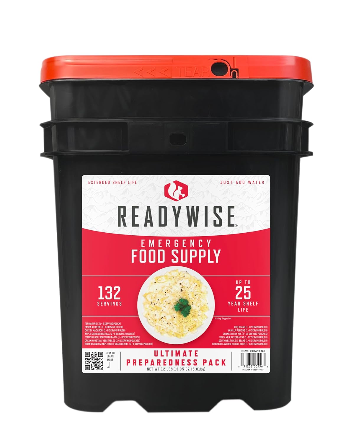 ReadyWise Emergency Food Supply - 132 Servings Survival Bucket, Dehydrated Meals for Camping & Disaster Prep, 25-Year Shelf Life