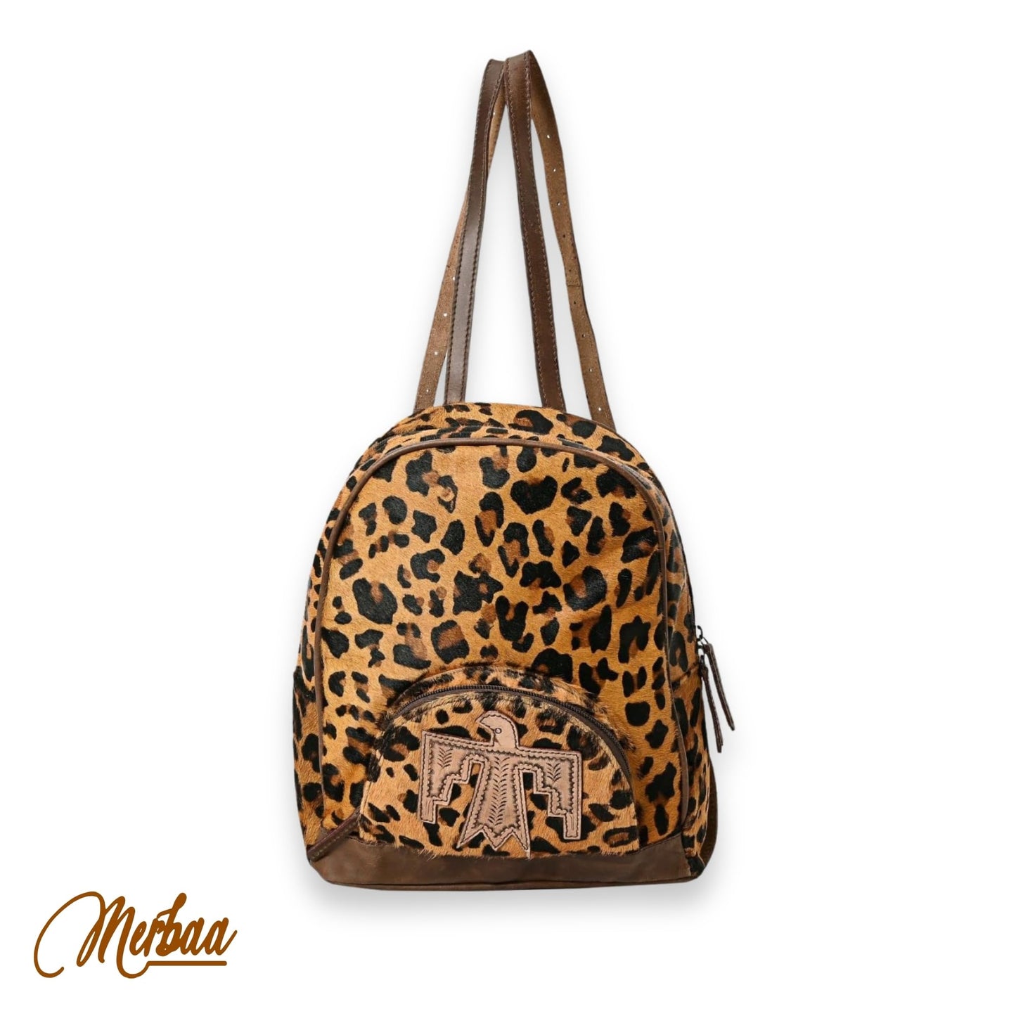 Merbaa Handmade Genuine Cowhide Leather Backpack for Women – Fashion Zipper Closure Bag with Eagle Hand-Tooled Patch, Cotton Lining, Adjustable Straps, Brown Western Style
