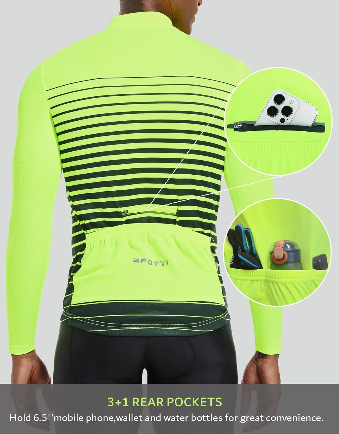 Spotti Men's Cycling Bike Jersey Long Sleeve with 3 Rear Pockets - Moisture Wicking, Breathable, Quick Dry Biking Shirt