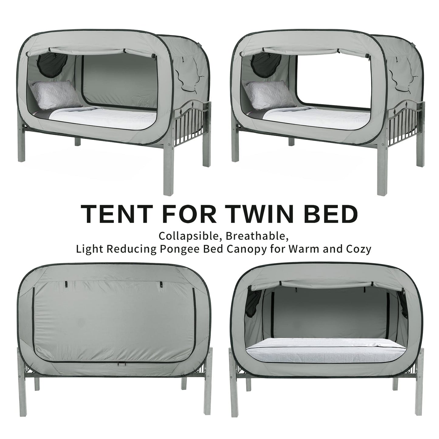 ANC POP Bed Tent Full Bed Canopy Portable Dream Tent for Kids and Adult Indoor Sleeping Tents with 2 Doors Breathable Private Space Tents, Grey