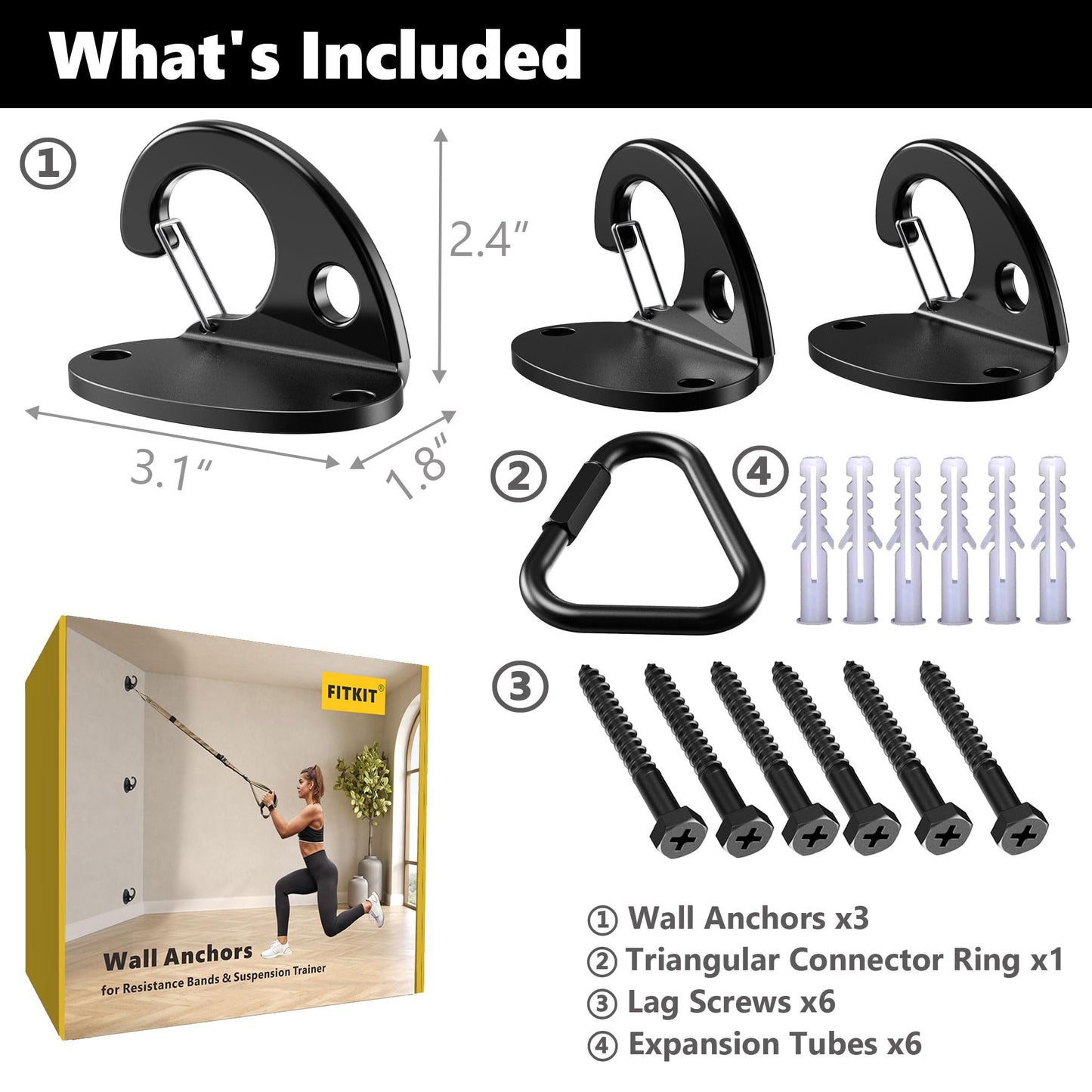 FITKIT 3-Pack Resistance Band Wall Anchor Set, No Weld Wall Mount for Exercise Bands & Suspension Straps – Compact Strength Training Kit for Home Gym Workouts & Physical Therapy