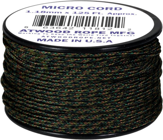 USA-Made Woodland Camo Micro Paracord 1.18mm x 125' - Durable & Versatile