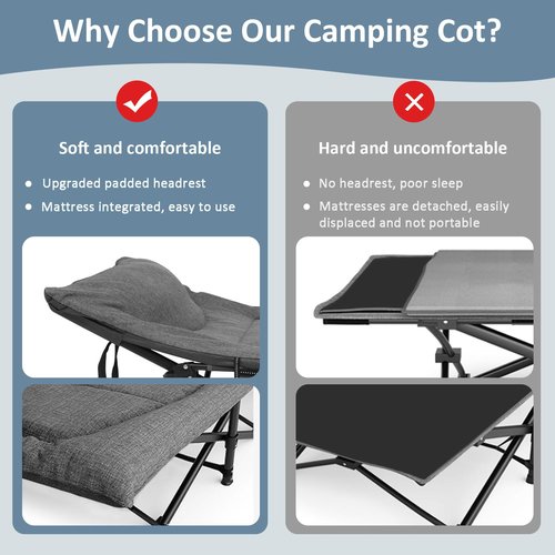 Mopaicot Camping Cot, Folding Cot Bed for Adults with Built-in Mattress and Pillow, Portable Outdoor Sleeping Cot for Camping and Travel, with Carry Bag, Grey, Max Load 450 LBS