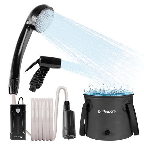 DR.PREPARE Portable Shower for Camping, Camping Shower with 4.5 Gallons Foldable Bucket, USB Rechargeable Battery, 2 Shower Heads, Outdoor Camp Showers for Hiking, Travel, Climbing, Pet Cleaning