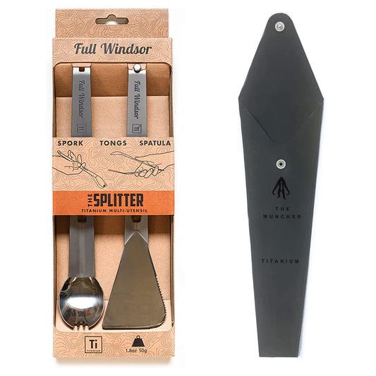 Full Windsor THE SPLITTER Titanium Tongs, Sporks and Spatula forTravel with Splitter Hypalon Pouch Bundle - Portable Lightweight Metal Multi-Utensil for Camp Kitchen & Outdoor Cooking
