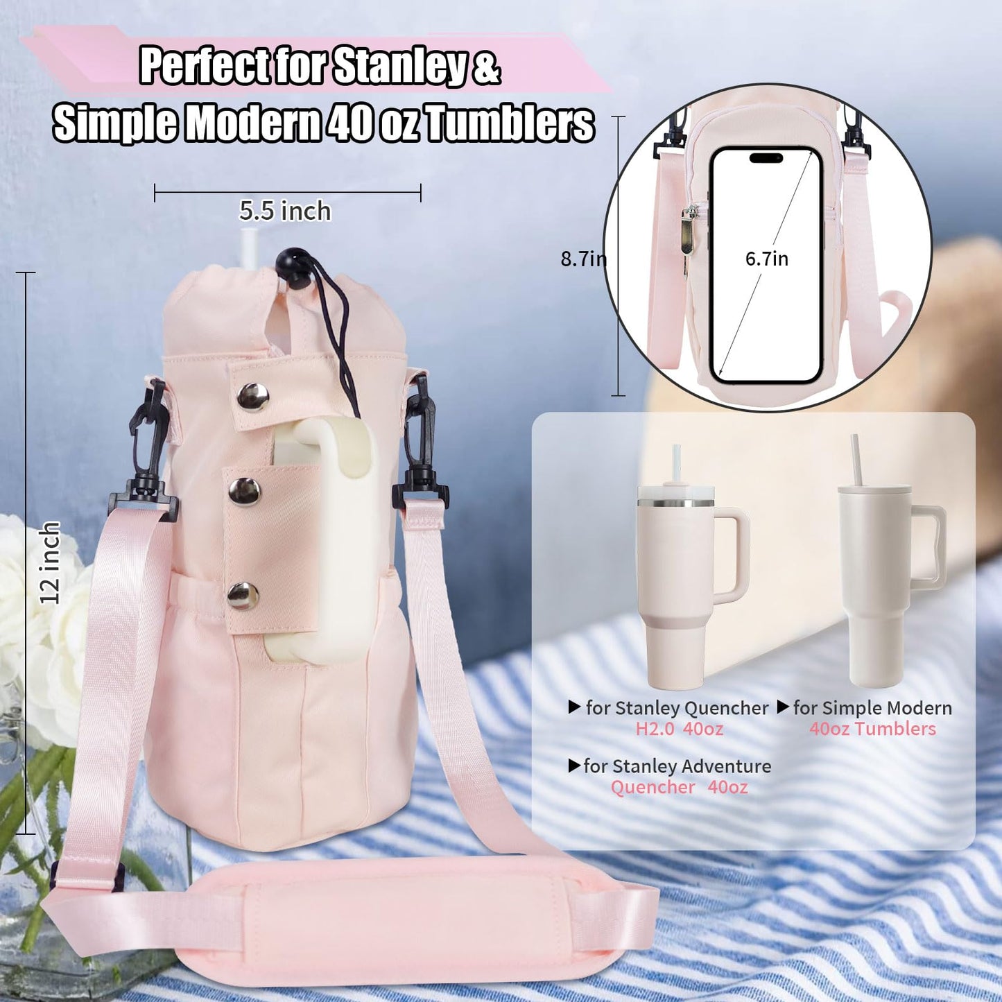 HOMEYA Water Bottle Carrier Bag with Phone Pocket for Stanley Cup 40 Oz Tumbler with Handle, Nylon Water Bottle Holder Pouch with Top Drawstring, Adjustable Shoulder&Handle Strap (Pink)