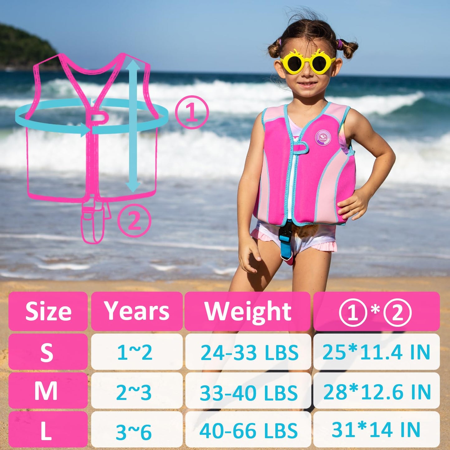 Pottwal Swim Vest for Kids - Swim Jacket for 1-2 Years (24-33LBS Weight) - Puddle Jumper with Adjustable Crotch Strap - Made of Neoprene & EPE - Pink Fish Fin Pattern