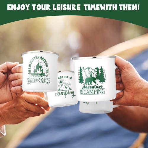 Pickmesh 6 Pcs Camping Mugs Enamel Cups 12oz Coffee Cups with Handle Camping Gifts for Outdoor Hiking Backpacking Lovers(Elegant Style)
